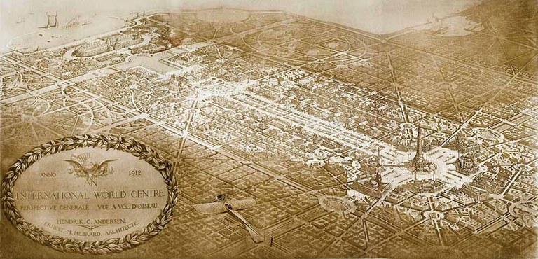 Aerial rendering of the “World Centre of Communication,” 1912, heliogravure print after an architectural drawing by Ernest Hébrard and draftsmen, published in Hendrik Christian Andersen et al., Creation of a World Centre of Communication (Paris 1913)